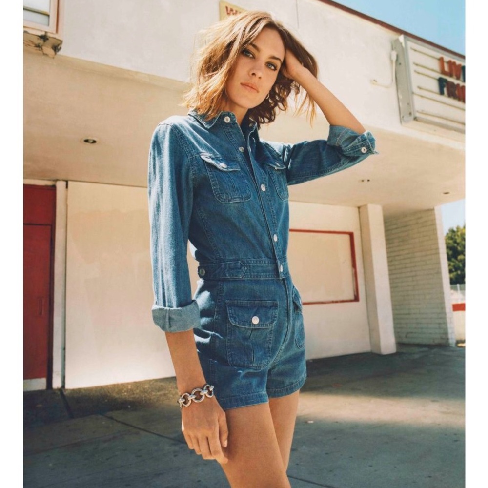 Alexa Chung for AG Blue Denim Short Jumpsuit/Romper with Utility Pockets